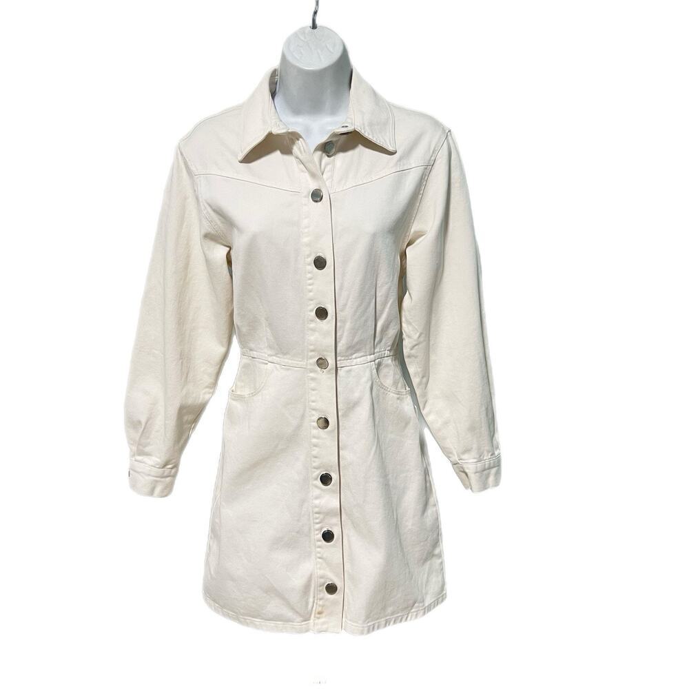ZARA Denim Mini Dress Button Front Long Sleeve Collared Fitted XS White Cotton